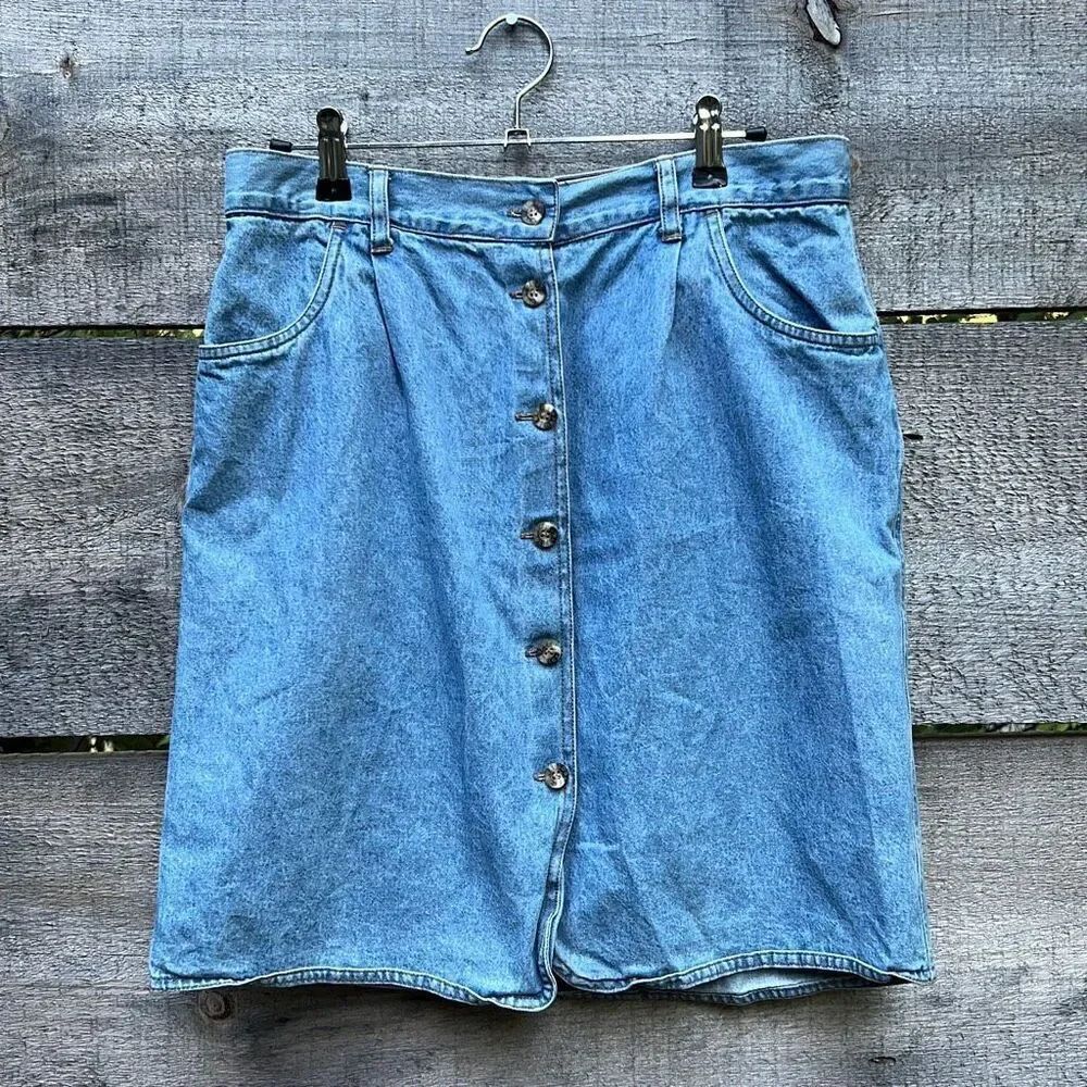 Faded Glory Women's Blue Cotton Pleated Button Down Denim A-Line Skirt